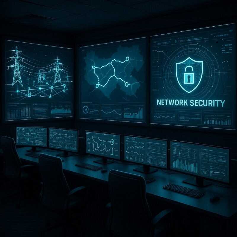 Control room with screens displaying network security data for managed IT services.
